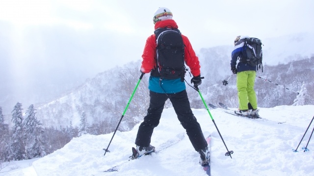 雪山のゲレンデに立つ2人のスキーヤー