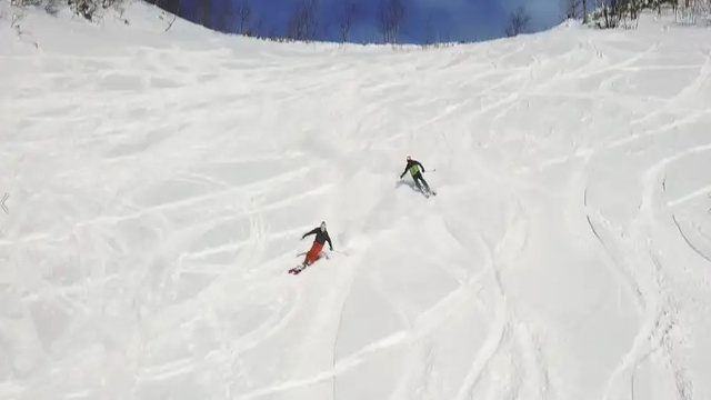 白馬つがいけマウンテンリゾートの新雪の斜面を滑るスキーヤー
